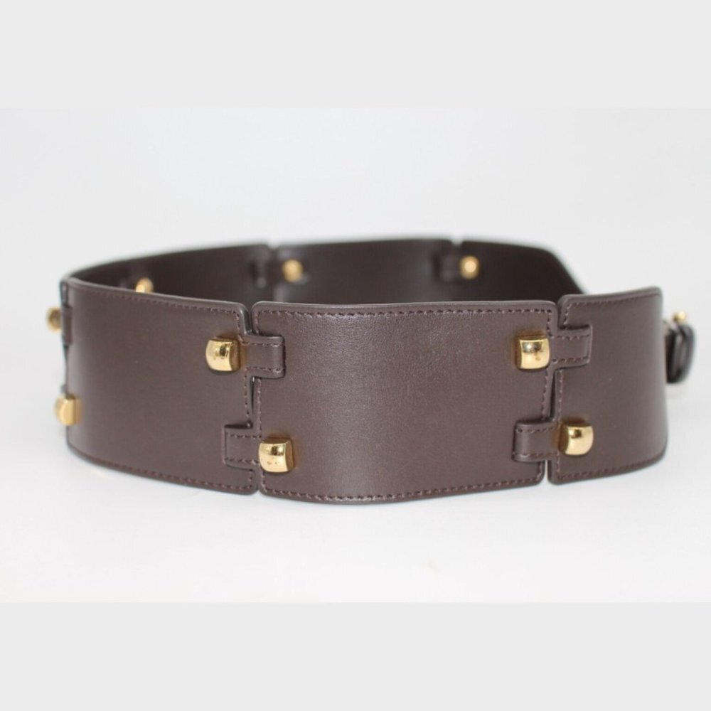 $495 Salvatore Ferragamo DARK BROWN CALF Leather GOLD STUDS Belt Size 70,80,85